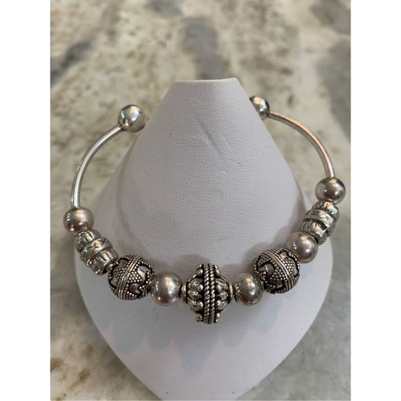 Sterling Silver Cuff Bracelet with Bali Beads - Picture 1 of 8